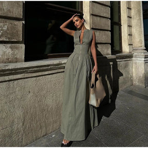 Vestido Maxi Feminino Sem Mangas com Zíper de Cintura Alta Roma