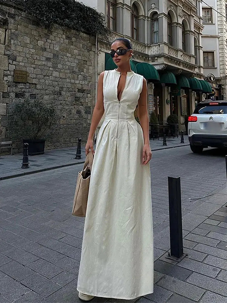 Vestido Maxi Feminino Sem Mangas com Zíper de Cintura Alta Roma